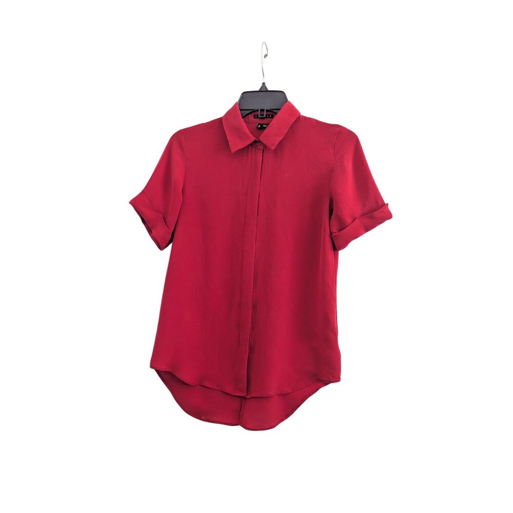 Theory Red 100% Silk Button Front Blouse Petite Short Sleeve - Picture 2 of 7